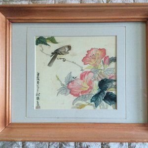 Framed Small Chinese painting signed flowers and bird